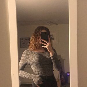 gray long sleeve cross back shirt